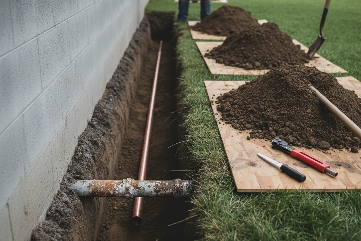 Excavated water line trench during Sewer Line Repair in Poway